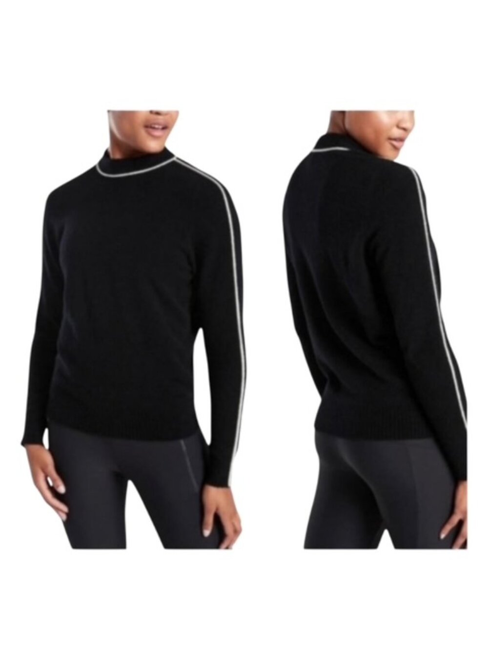 Athleta XS Transit Black White Contrast Mock Neck Merino Wool Blend Sweater